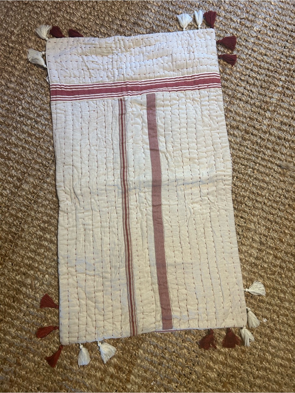 Pottery Barn Cream Pillow Shams with Red Stripe and Tassels King Size